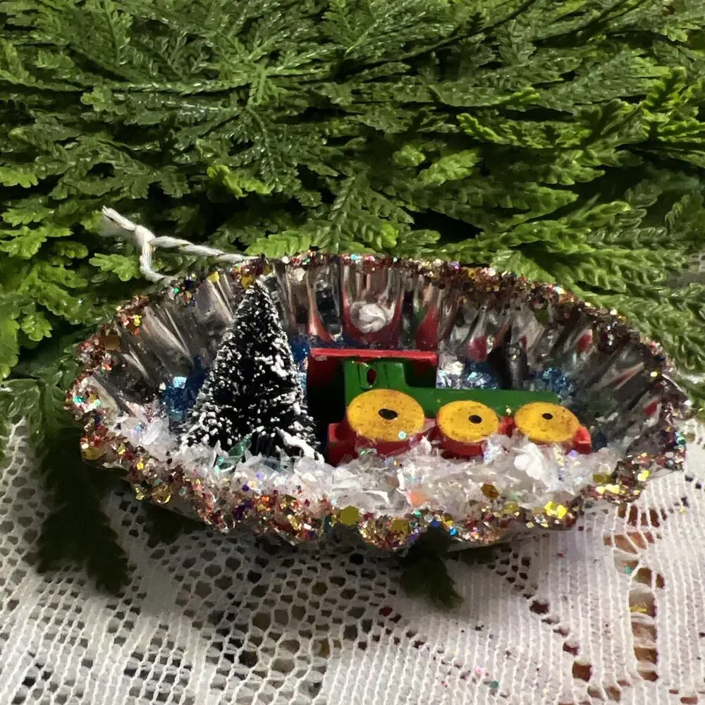 Vintage Oval Tart Tin Train Tree Diorama Mid Century Style Glitter Ornament